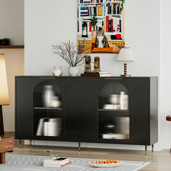 Chic Black Lacquered 4-Glass Door Accent Cabinet for Various Living Spaces