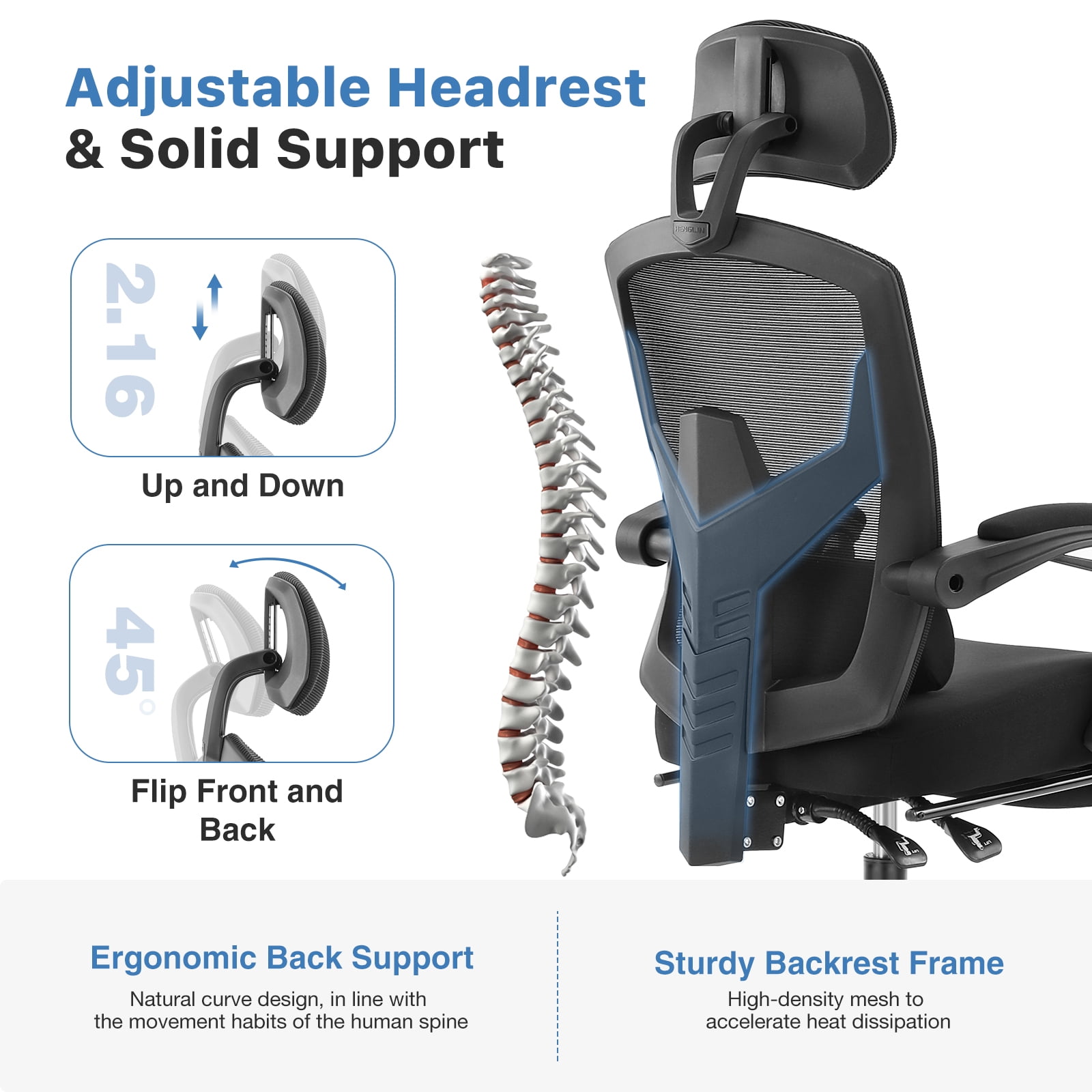 CONCETTA Ergonomic High Back Mesh Office Chair with Footrest and Armrests, Adjustable Lumbar Support, Headrest, and Reclining, Swivel Rolling Desk Chair for Home and Computer Tasks, Black
