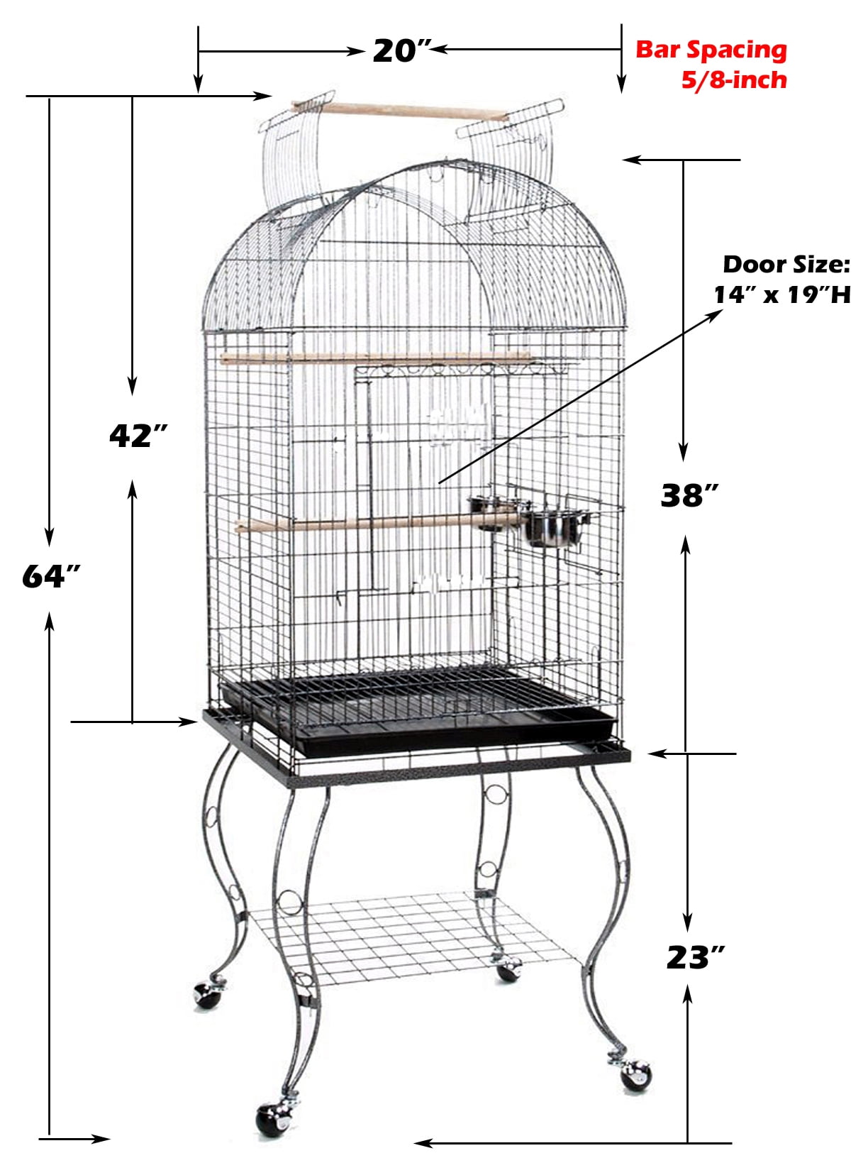 64" Large Rolling Dome Bird Parrot Cage Open Top Perch Quaker With Detachable Stand