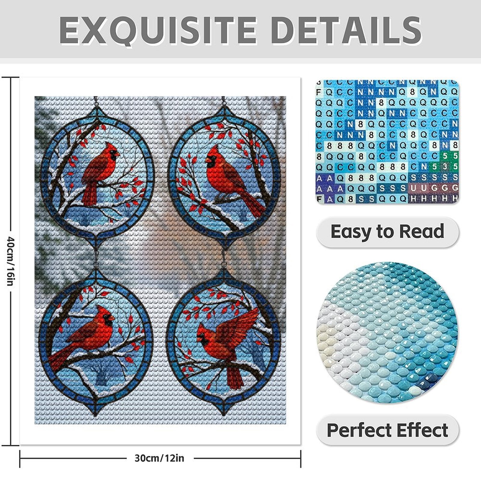 Diamond Art Kit for Adults, Cardinal Stained Glass Winter Scene Diamond Painting for Adults Beginners, 5D DIY Diamond Art Painting Kits, Colorful Diamond Painting Craft for Home Decor 12x16