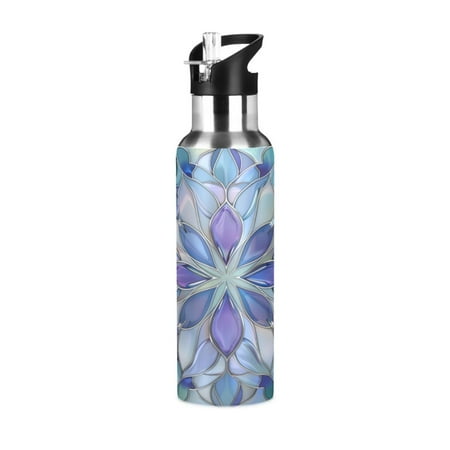 

Water Bottles 34oz Straw Lid Wide Mouth Stainless Steel for School Sport Travel Purple Blue Floral Stained Glass