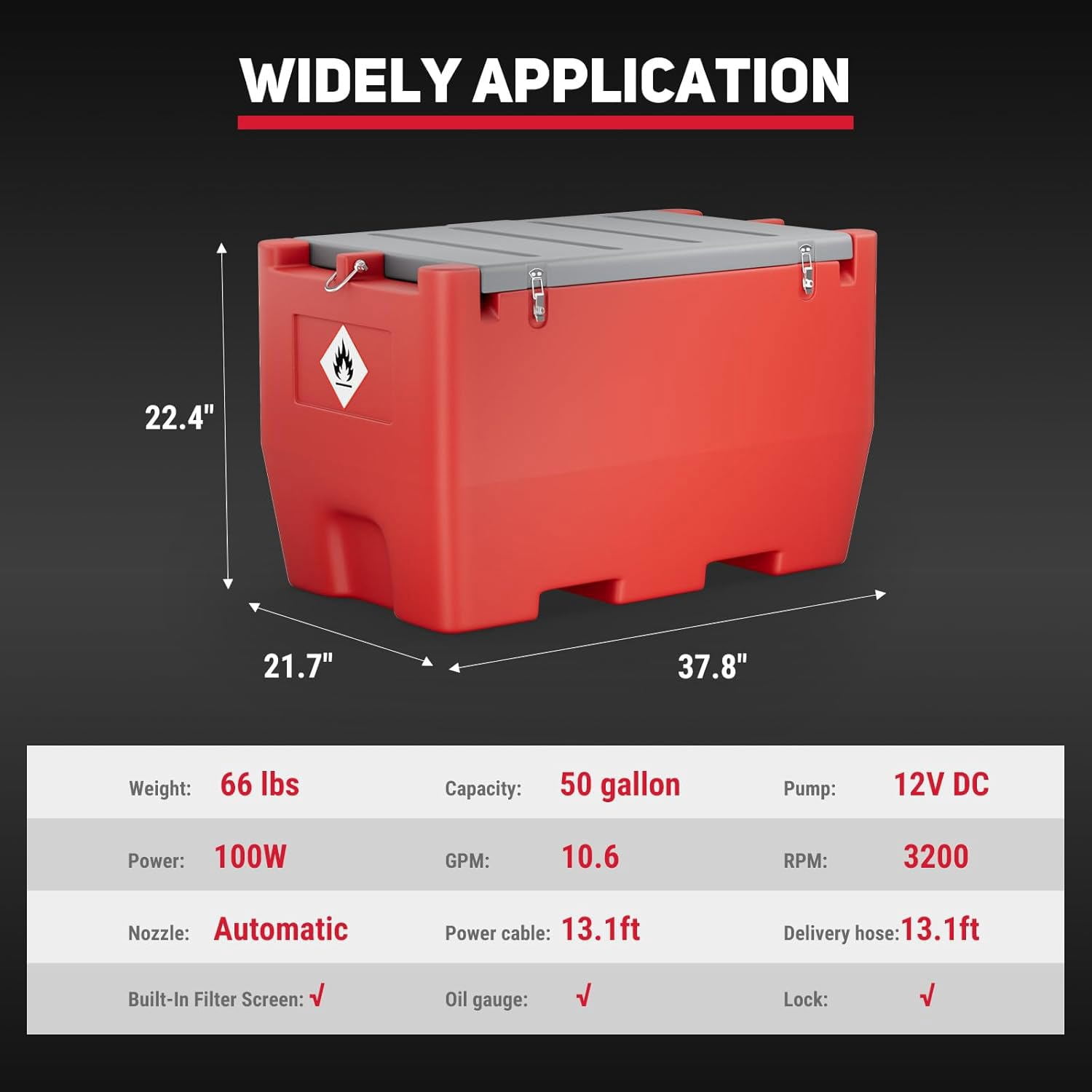 Diesel Fuel Transfer Tank, 50 Gallon for Gasoline & Diesel, Gas Tank with 10.6 GPM Fast Flow Rate 12V DC Transfer Pump,13.1 ft Power Cord Portable Gas Tank, Red