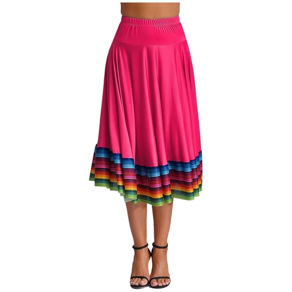Sxiwei Womens Colorful Stripe Flamenco Dance Skirt Ballroom Training Costume for Performance Hot Pink 75cm 5XL