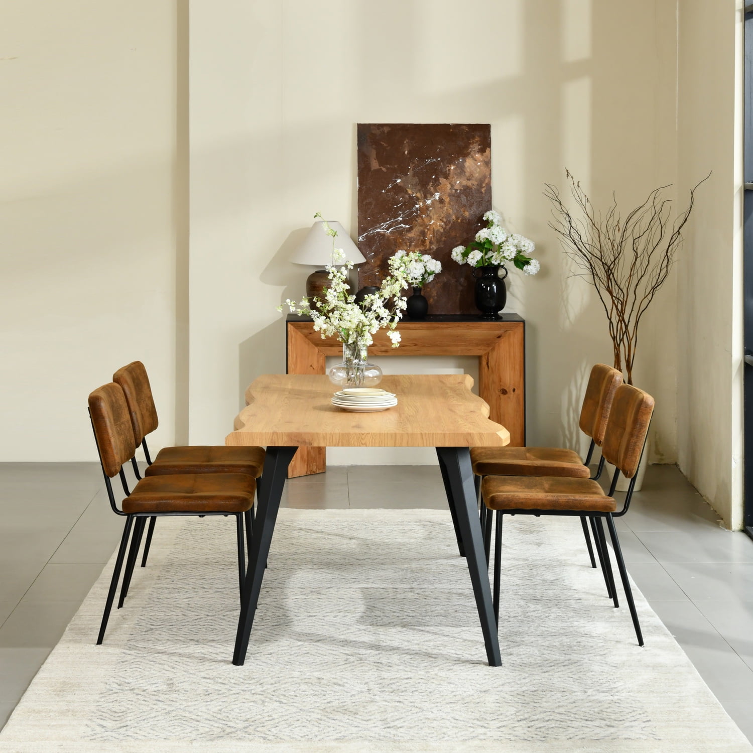 Homy Casa 5-Piece Dining Set with Live Edge Fuax Wooden Table and 4 Faux Suede Chairs