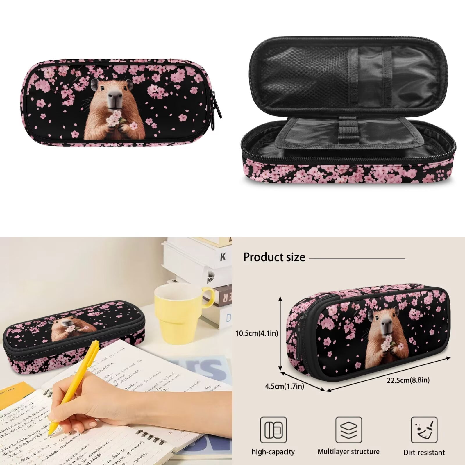 Pzuqiu Cherry Blossom Capybara Kids Backpack for School Girls Backpacks with Lunch Box Pencil Case Backpack for Kids Large Travel Daypack,17 Inch Bookbags School Bag Set of 4