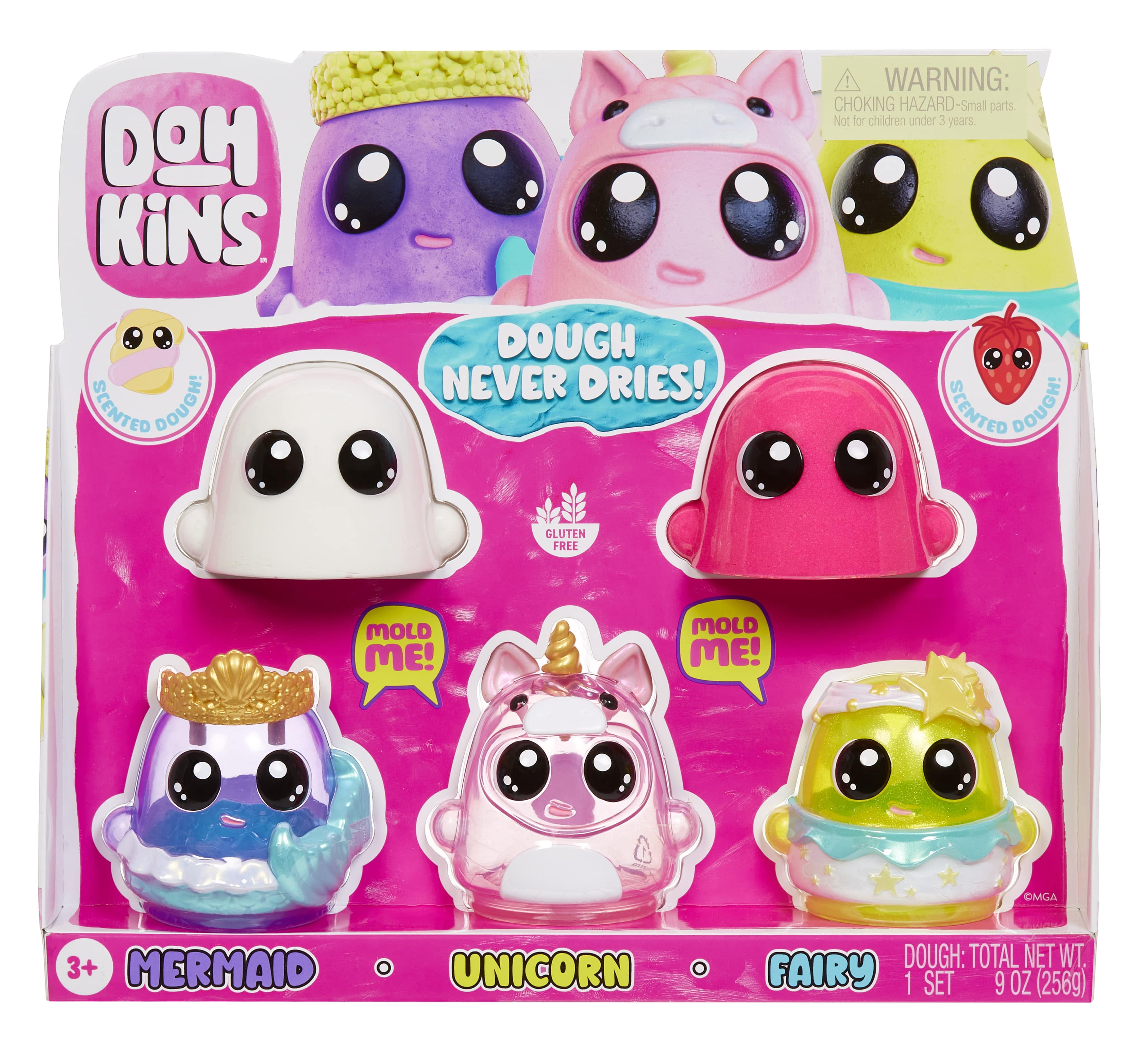DohKins Fantasy Pack Characters, Mermaid, Unicorn, Fairy - Scented Dough that Never Dries, Ages 3+