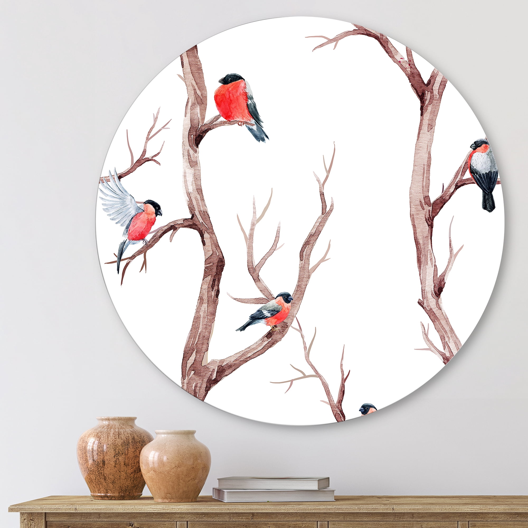 Designart 'Little Birds Sitting On The Tree Branches III' Traditional Circle Metal Wall Art 23x23 - Disc of 23