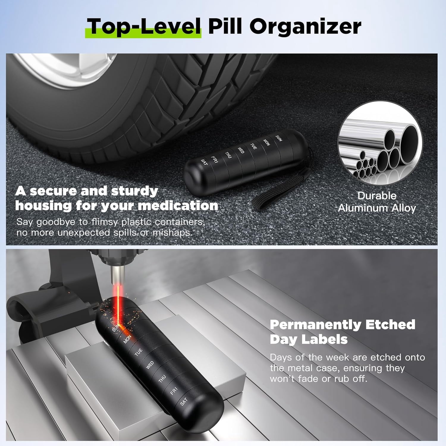 Zannaki Metal Moisture Proof Weekly Pill Organizer, Stackable Aluminum Alloy BPA Free Travel Hiking 7 Day Pill Box Case Waterproof and Large Compartment to Hold Pills, Vitamins, Fish Oil, Supplements