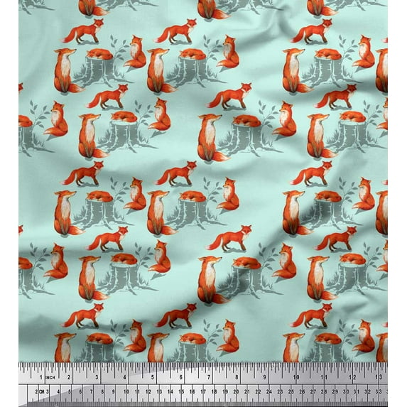 Soimoi Green Silk Fabric Tree Stump & Fox Animal Decor Fabric Printed Yard 42 Inch Wide