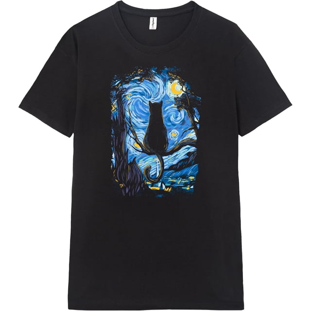 Camiseta de manga corta, 100% algodón, unisex, cuello redondo (Cat Starry Night)