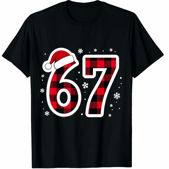 67 Meme Funny Christmas Red Plaid Xmas Pajamas Slang T-Shirt (Men's, Women's)