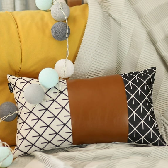 Bohemian Handmade Decorative Single Throw Pillow Vegan Faux Leather Geometric 12" x 20" Brown & Ivory Lumbar for Couch, Bedding