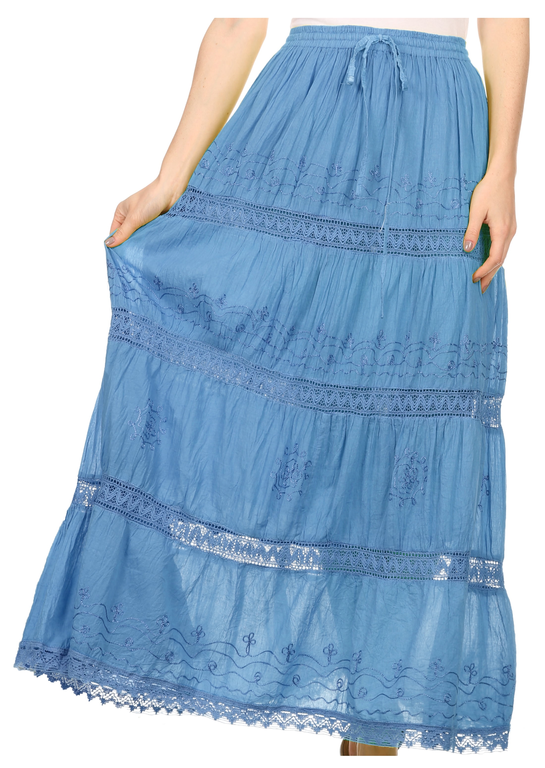Sakkas Solid Embroidered Gypsy Bohemian Mid Length Cotton Skirt - Blue -  One Size - Walmart.com