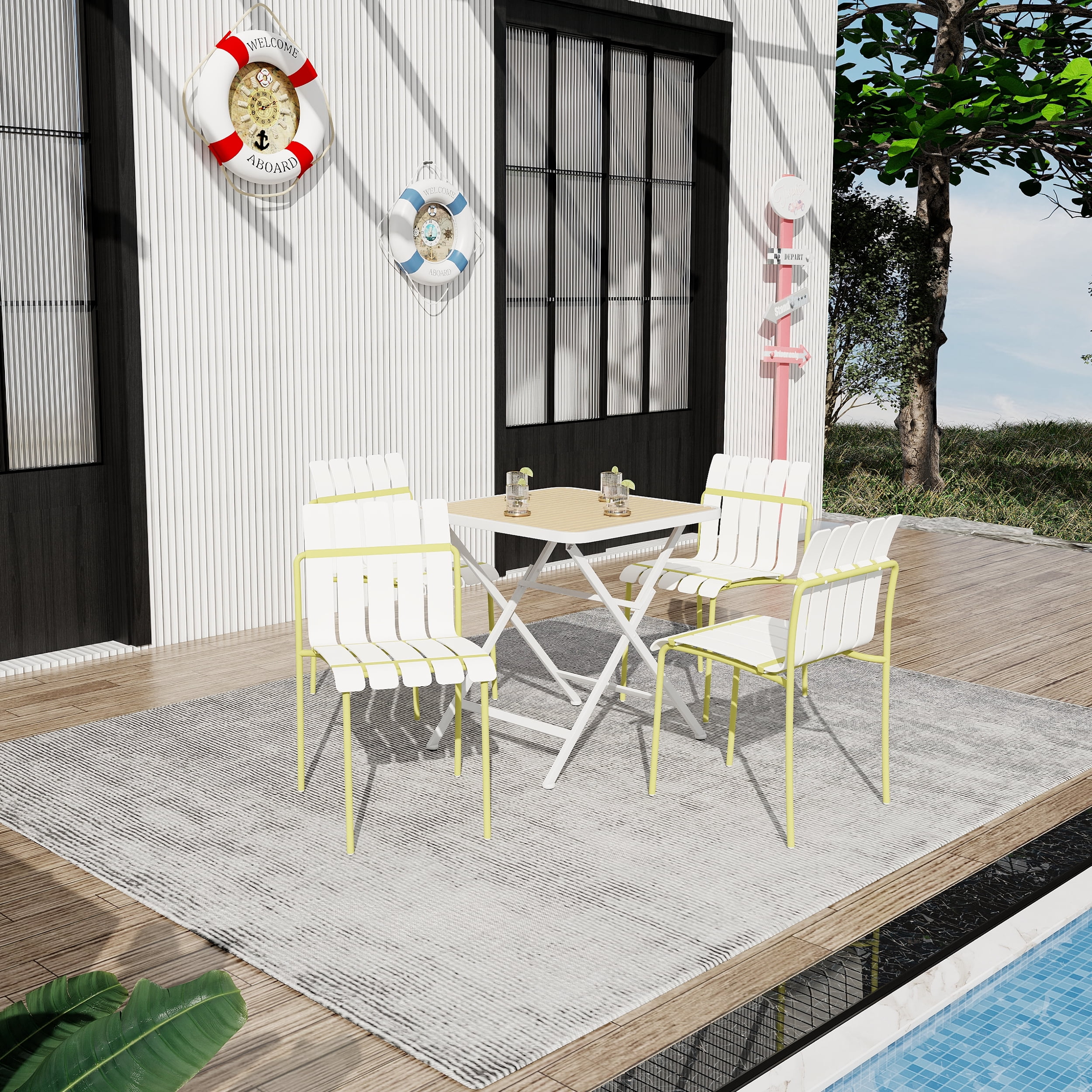Outdoor Dining Chair, 4 Pack Striped Seat Leisure Chair for Garden Home Patio Outdoor, Cream White Grain Yellow