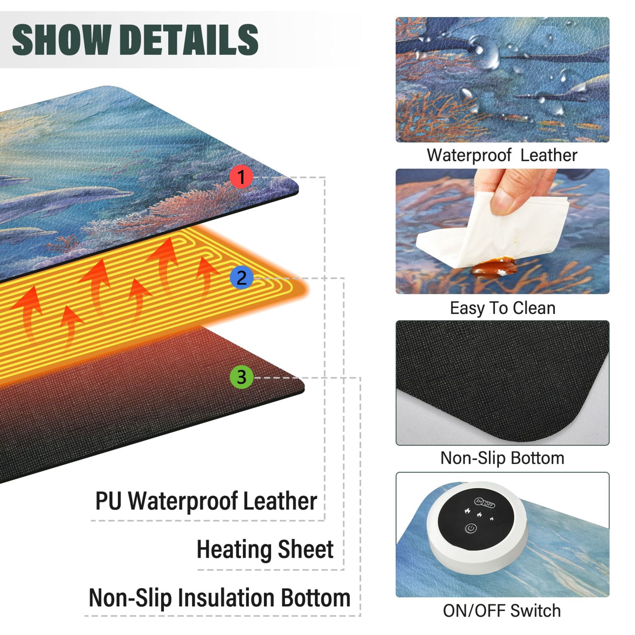 Large Heated Desk Mat Mouse Pad 31.5"x13"PU Leather Graphene Heating Desk Warmer with 3 Temperature Settings 110V US Plug Non-Slip Warm Pad for Home, Office, and Gaming Sunlit Dolphin Pod Print