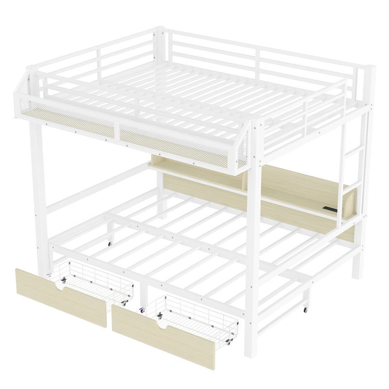 Queen-Over-Queen Metal Kids/Teens Bunk Bed with Basket, Drawers & Shelves, Storage Bed Frame with Charge Station & LED Lights