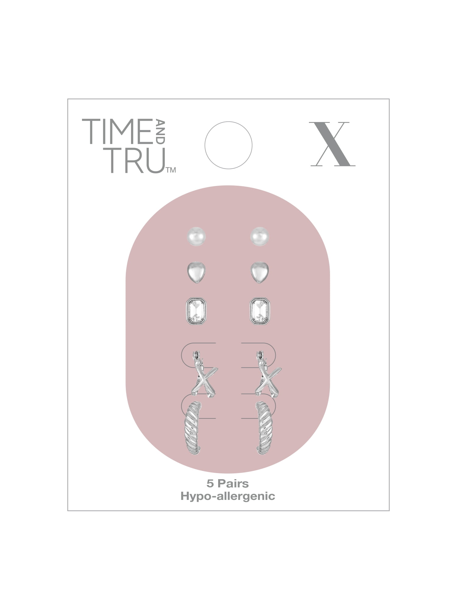 Time and Tru Silvertone Multi Earring Set, 5 Pairs, Initial X