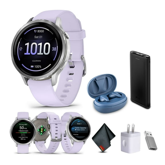 Garmin Venu 4, 41mm, Advanced Fitness and Multisport Tracker GPS Smartwatch, 1.2" AMOLED Display, Built-in Flashlight, 10 Days of Battery Life, Silver with Periwinkle Silicone Band (Watch Bundle)