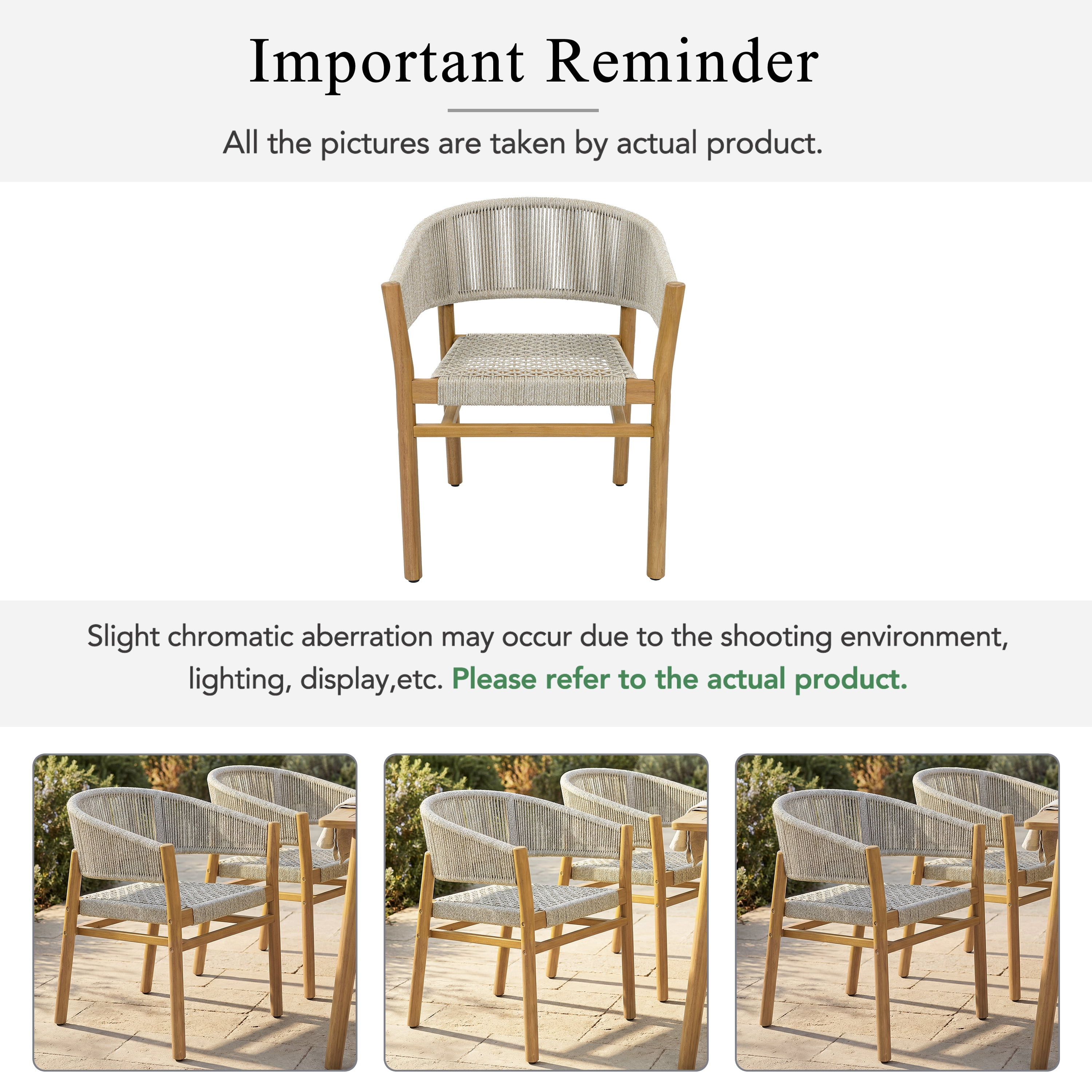 Rope Design Accent Chairs Set of 2, Outdoor Patio Seating Furniture, Teak Finish and Natural Rope