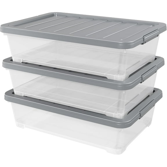 Hyxoo 3 Packs Large Clear Wheeled Latching Box, 40 L Plastic Underbed Storage Box with Gray Lid
