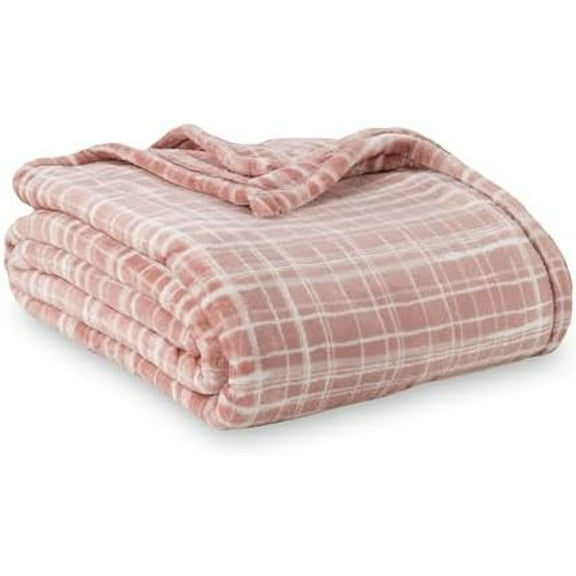 -Classic Heavyweight Soft Printed VelvetLoft® Plush Throw Blanket, Cozy and Fuzzy, Watercolor Plaid Blush, 50in x 70in