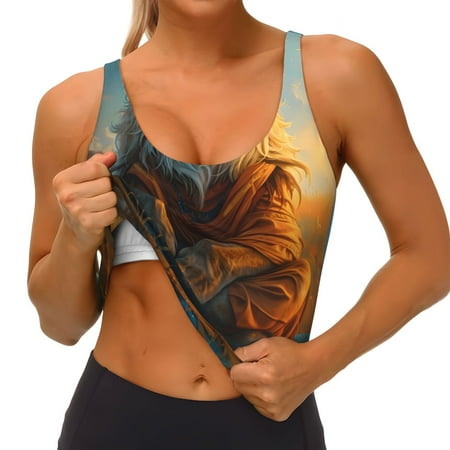 Qokaie Prairie Meditating Lion Pattern Womens Scoop Neck Sports Bra Breathable Workout Vest Padded U Back Medium Impact Fitness Gym Yoga Bra Workout Crop Top