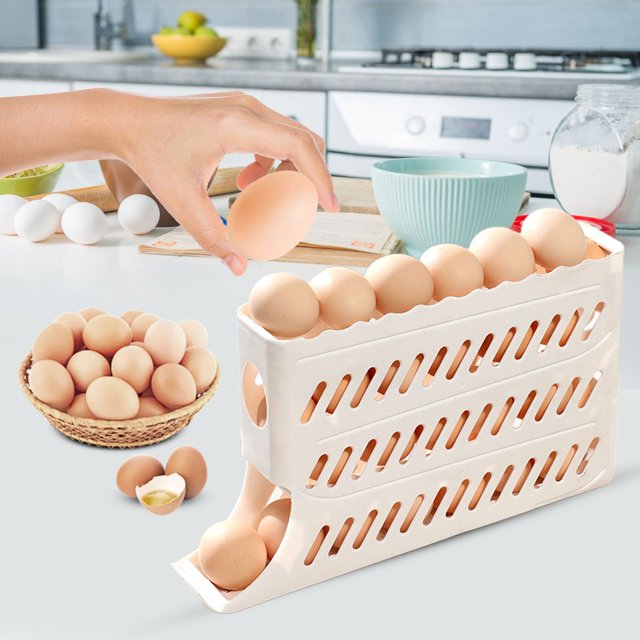 CRCMURE Food Storage 4 Tiers Egg Rack Auto Sliding For Fridge Eggs Organizer Space Saving Easy To Take Eggs Dispenser 30 Eggs Fridge Eggs Rack Large Capacity