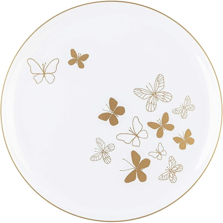 (40 Pack) EcoQuality 6 inch inch Round White Plastic Plates with Gold Butterfly Design - Disposable China Like Party Plates, Small Heavy Duty Dessert