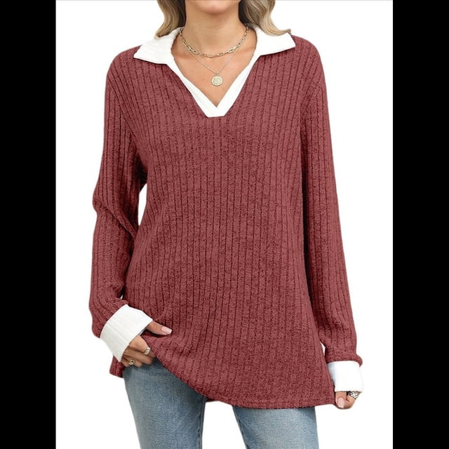 Suéteres de Cuello en V para Mujer, Jersey con Bloques de Color, Mangas Largas, Corte Holgado, Estilo Informal, Tipo Túnica, Camisetas. Rojo Óxido M