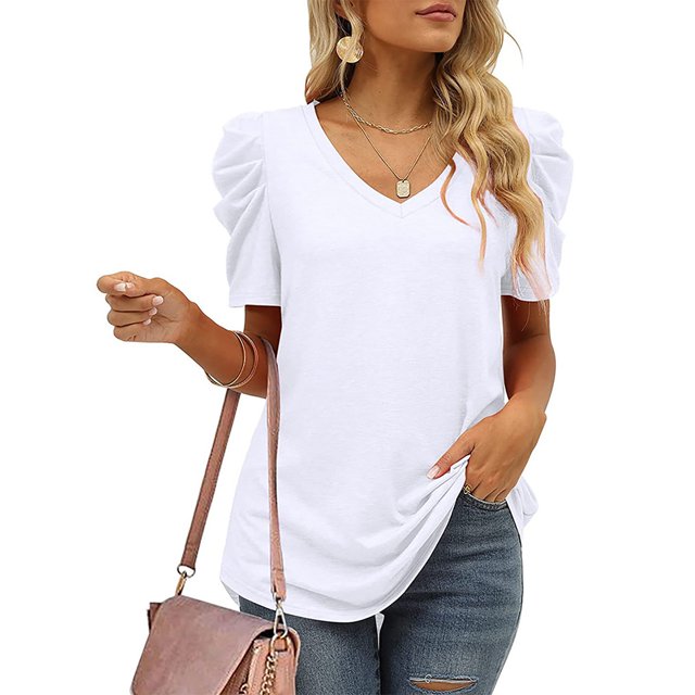 Manga Corta Para Mujer Camisa De Verano Para Mujer Top Informal Para Mujer Blusas De Playa Mujer Camisa Casual Cuello En V Manga Abullonada Tela Elástica Cómoda Color Sólido Cergrey Blanco S