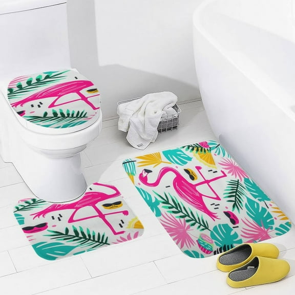 Flamingo Pattern 3 Pieces Bath Mats Set, Non-Slip Washable Cover Floor Rug Decorations for Kitchen Bathroom Bedroom