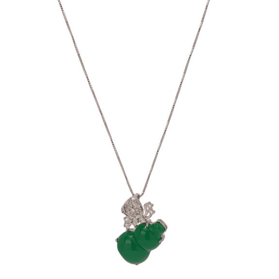 Green Chalcedony Gourd Necklace for Women, Butterfly Cubic Zirconia Pendant Natural Gemstone Jewelry Good Luck Gift for Her, Chinese Style Feng Shui Necklace