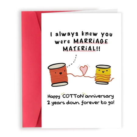 Cotton Anniversary Card – Marriage Material Pun with Adorable Spools Design – Perfect for 2nd Wedding Anniversary Celebration