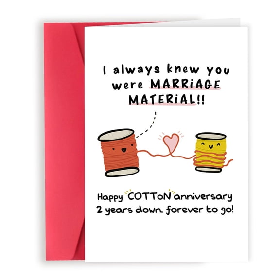 Cotton Anniversary Card – "Marriage Material" Pun with Adorable Spools Design – Perfect for 2nd Wedding Anniversary Celebration