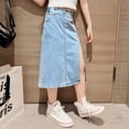 thumbnail image 4 of LYMAYTER 5-14Y ‌‌Young Women Girls Denim Skirt Summer Mid-Length Stretch Waist High-Slit‌, 4 of 8