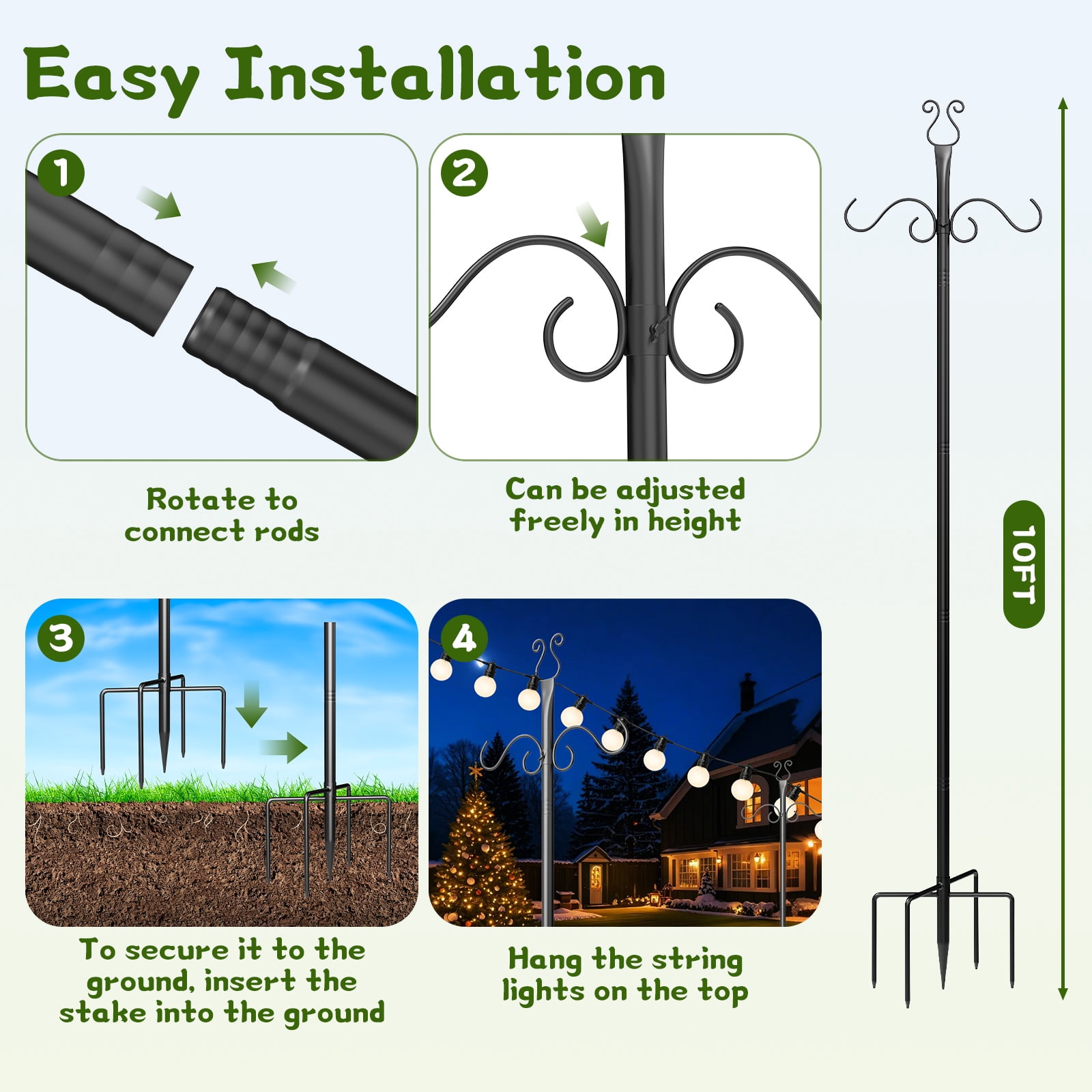 2-Pack 10-Foot Outdoor String Light Poles - Heavy-Duty Metal Patio Light Posts with Shepherd's Hooks for Hanging Lights, Plants & Bird Feeders