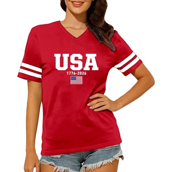V Neck Short Sleeve Patriotic T Shirt For Women Plus Size USA 1776-2026 Print 250th Anniversary T Shirt