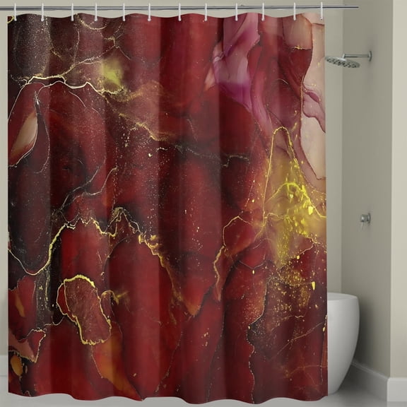 Burgundy Red Shower Curtain, Abstract Marble Fabric Shower Curtain for Bathroom, Modern Ombre Watercolor Ink Art Shower Curtain Set with Hooks, 72 x 72 inch