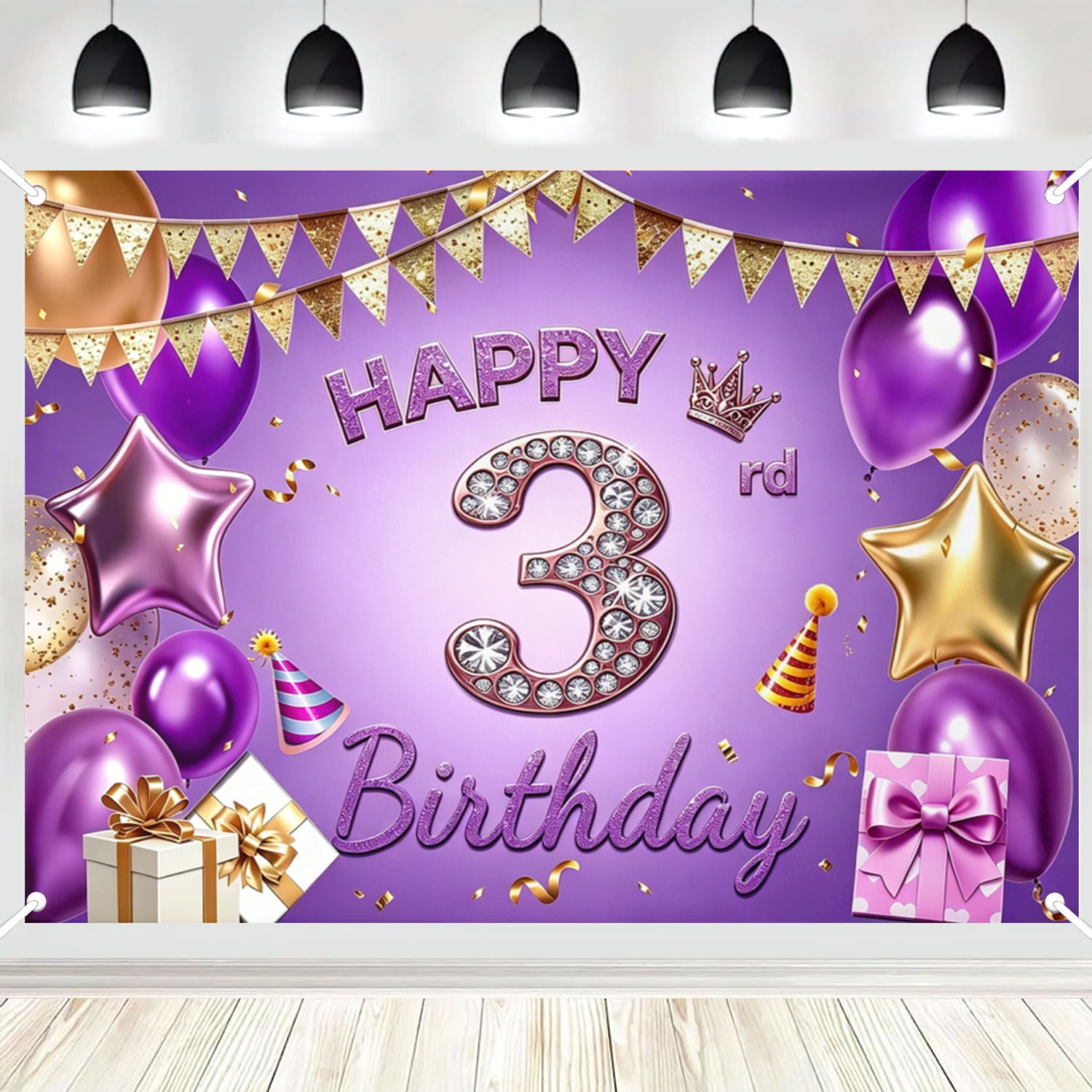 Happy 3rd Birthday Polyester Backdrop Purple Gold Party Photo Booth Background Banner for Indoor & Outdoor Use 4x6ft