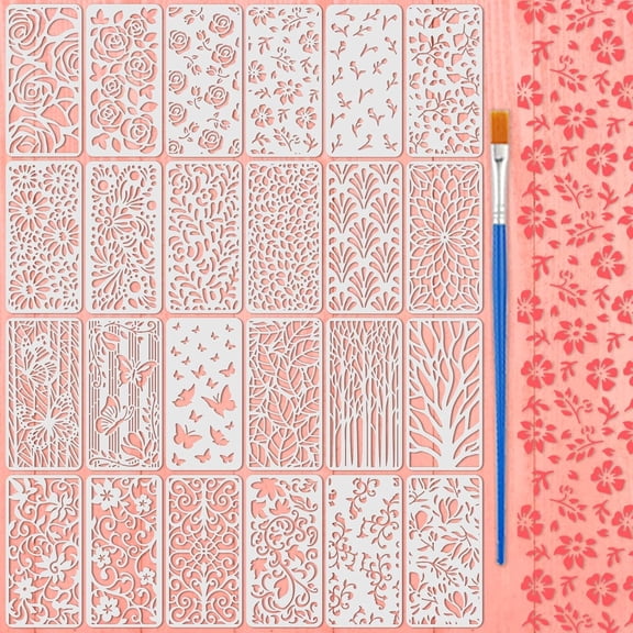24PCS Stencils for Crafts Reusable Texture Stencils with Brushes Mixed Stencil for Painting Background Stencil Plant Butterfly Leaf Floral Templates for Card Paper Scrapbook Furniture Wall Tan