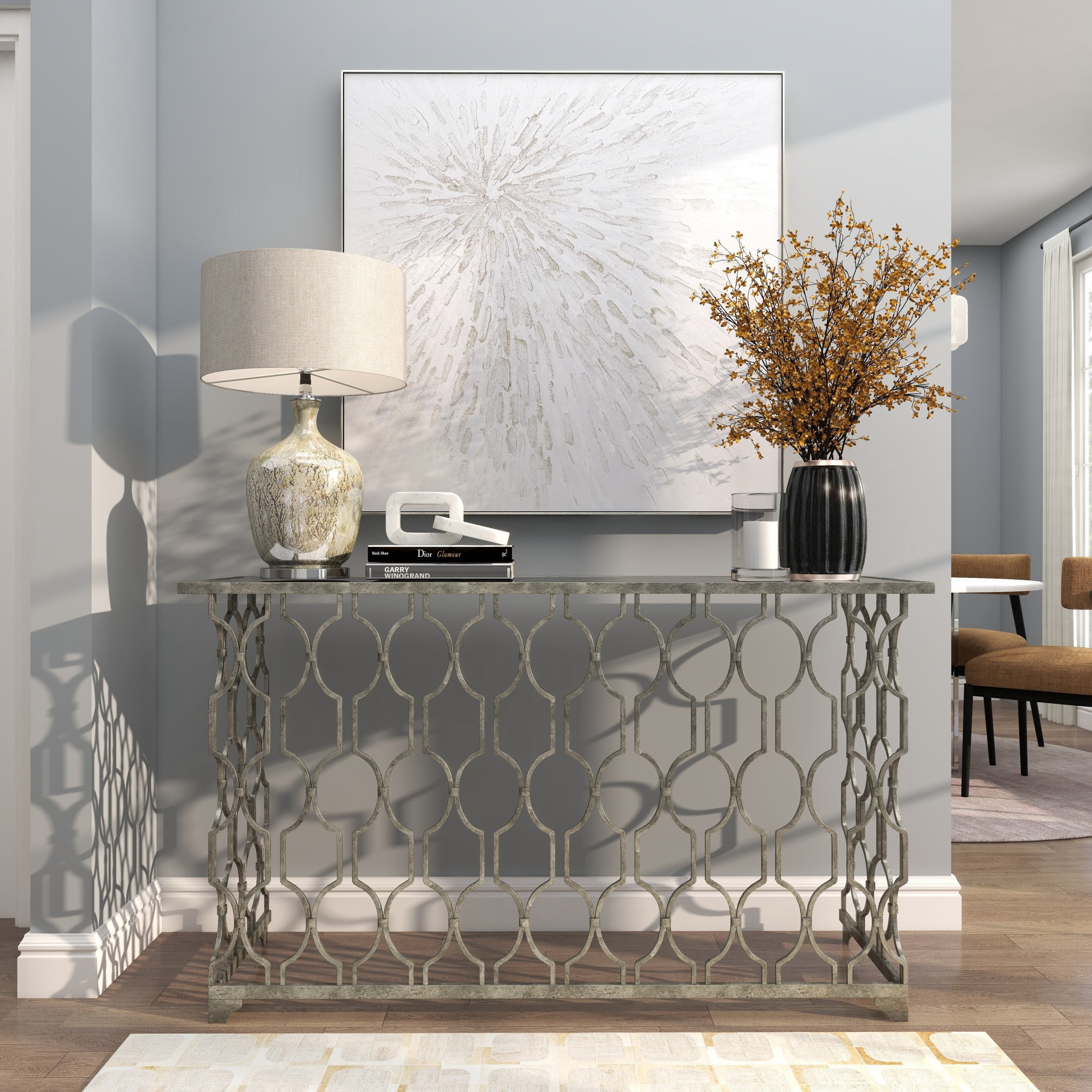 DecMode Contemporary Rectangular Metal with Mirror Top Console Table, 55"W x 32"H Features Silver Circular Trellis Pattern