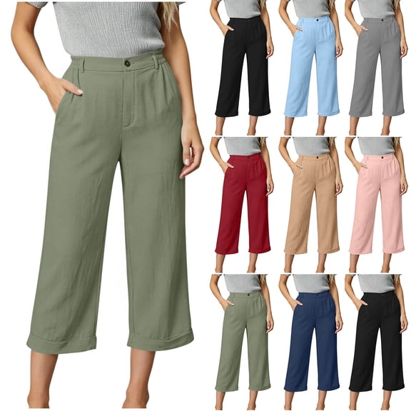 Women's Lightweight Cotton Capri Pants with Pockets, Elastic Waist Straight Leg Casual Pants, Capris for Women Summer, Lounge Beach Travel Trousers with Pocket | UKHCCC,Black L