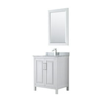 HomeStock Timeless Trends 30 Inch Single Bathroom Vanity in White, White Carrara Marble Countertop, Undermount Square Sink, and 24 Inch Mirror