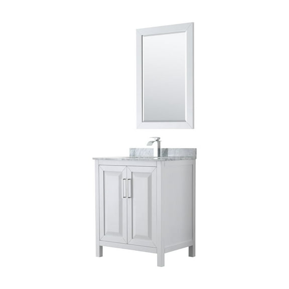 HomeStock Timeless Trends 30 Inch Single Bathroom Vanity in White, White Carrara Marble Countertop, Undermount Square Sink, and 24 Inch Mirror