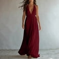 thumbnail image 2 of Halter Neck V-Neck Sleeveless Maxi Dress Solid Color Flowy Dress Casual Summer Party Evening Gown for Women Wine L(L), 2 of 8