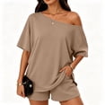 thumbnail image 2 of 2 Piece Sets for Women Summer 2026 Off the Shoulder T Shirt Casual Shorts Matching Comfy Lounge Sets Airport Travel Outfit,Khaki,S, 2 of 8