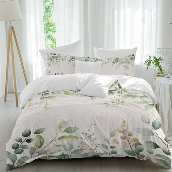 Retro Eucalyptus Leaves Duvet Cover Set California King Size Sage Green Leaf Summer Plants Linen Soft Lightweight Comforter Covers 4 Piece Bedding Set with 1 Duvet Cover 1 Bed Sheet & 2 Pillow Shams