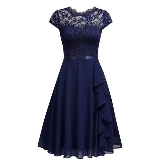 Robes Décontractées pour Femmes 2023 Robe Vintage en Dentelle Florale Chiffon à Volants Manches Courtes Col Rond Longueur Genou Robe de Cocktail Élégante pour Femmes en Solde