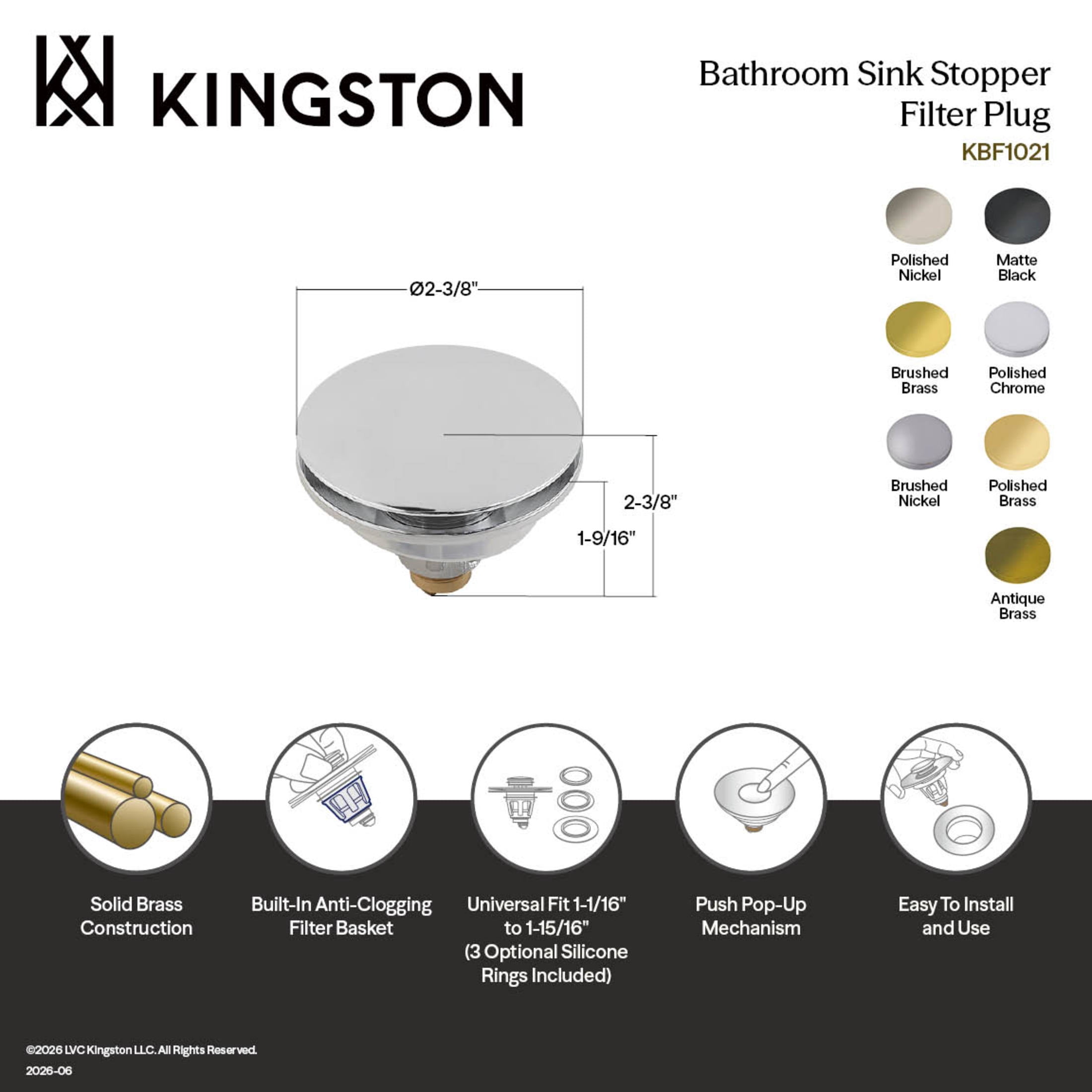 Kingston Brass KBF1026 Trimscape Brass Sink Filter Plug (Umbrella Pop-Up), Polished Nickel