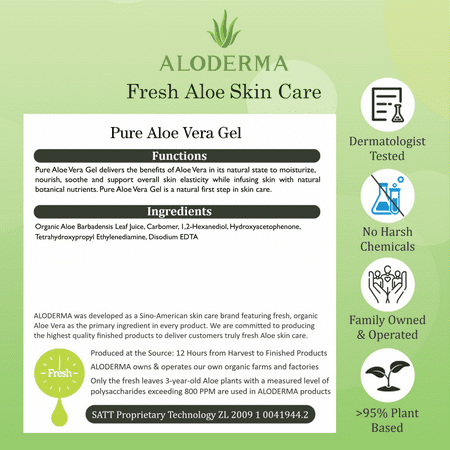 Aloderma Pure Aloe Vera Gel, 99% Organic Aloe Gel Made at the Source within 12 Hours of Harvest, Travel Size Aloe Vera Gel for Face, Scalp, Hair - Cold Pressed Aloe for Skin and Sunburn Relief - 1.5oz